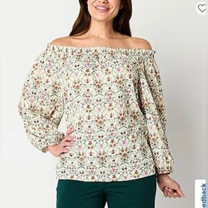 St. John's Bay Cream Floral Off-Shoulder Blouse